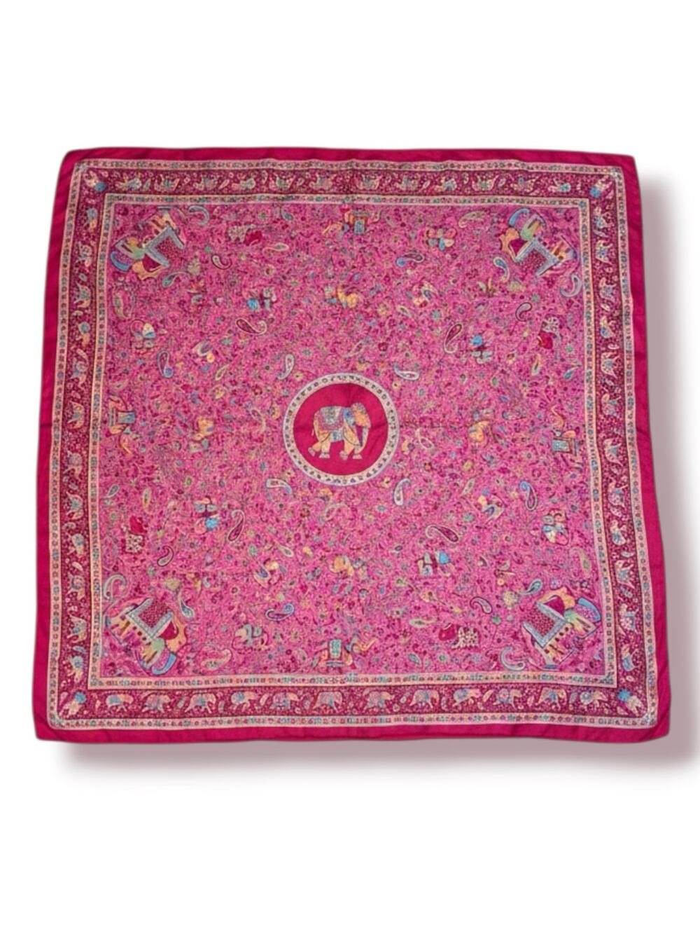 Vintage Silk Elephant Paisley Square Scarf Magenta Pink Boho Layering‎ Accessory